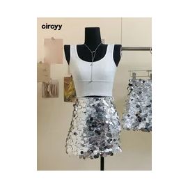 Circyy Mini Skirt Women High Waisted Sequins A-Line Slit Zipper Shiny Skirts Hot Girls Korean Fashion Summer Office Lady 2023