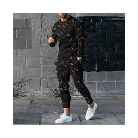 Men's Long Sleeve T-shirts and Pants Two Piece Colored Retro Geometry  3D Printed Men's Sets Casual Suit nike tech fleece