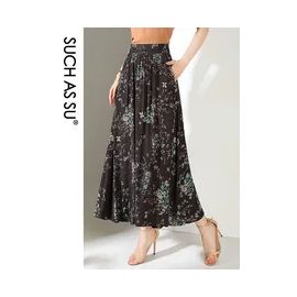 SUCH AS SU Spring Summer Womens Pleated Skirts Female Coffee Blue Plant&Flowers Elastic Waist Ankle-Length Pockets Skirt 33112