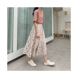 Summer Skirts for Women New Ins Vintage Floral Print A-line Pleated Long Skirts Elastic Waist Skirt Korean Fashion Clothing