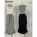 Botvotee Black Skirt for Women Vintage Midi Skirt with Pockets Lace Up A LINE Safari Style Folds Mid-Calf Skirts