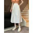 Spring Summer Women Solid Pockets Skirts Vintage High Waist Elastic Chic Long Cake A-line Versatile Mid Length Skirt For Student